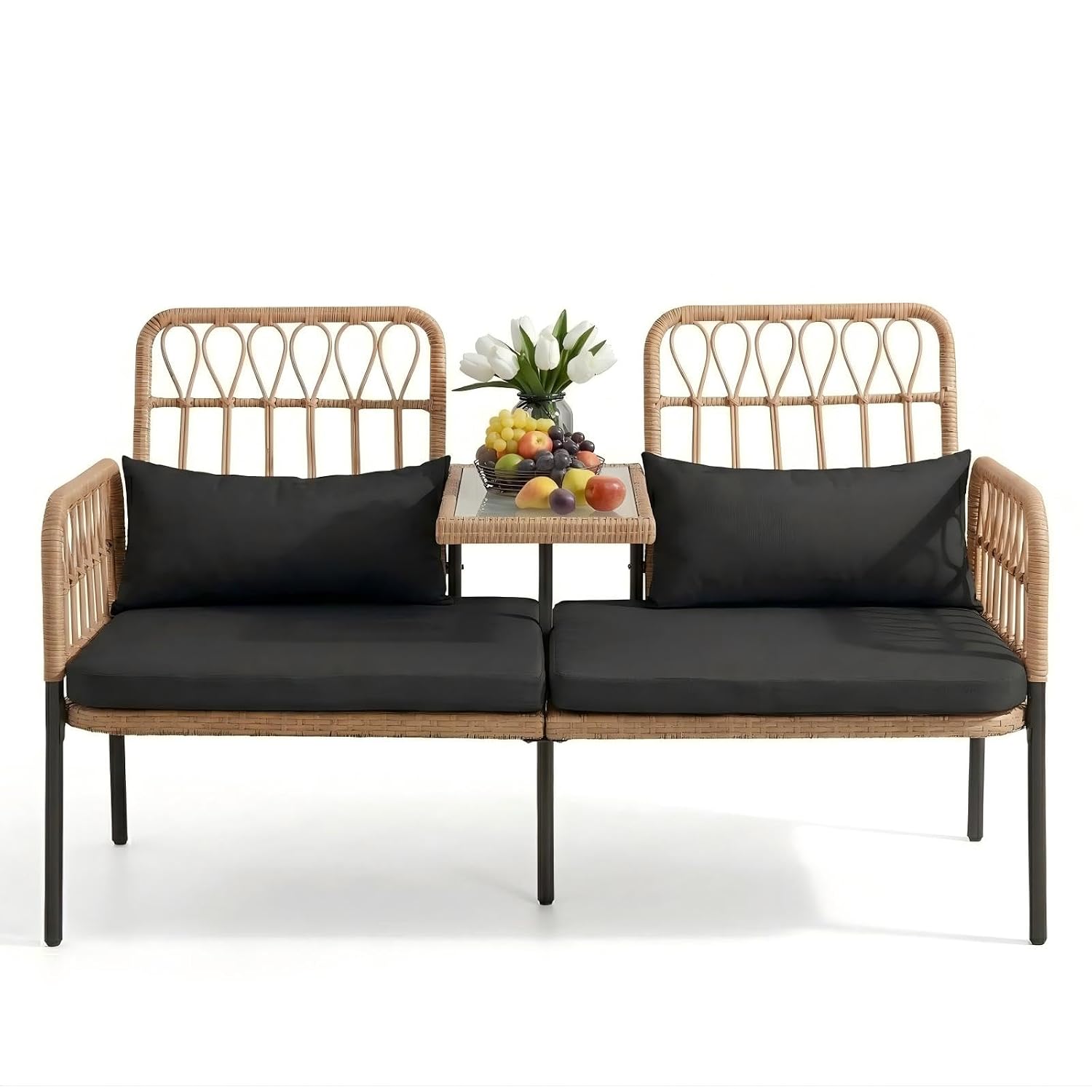 Outdoor Furniture Loveseat - Rattan Loveseat with Glass Table, 2-Seat