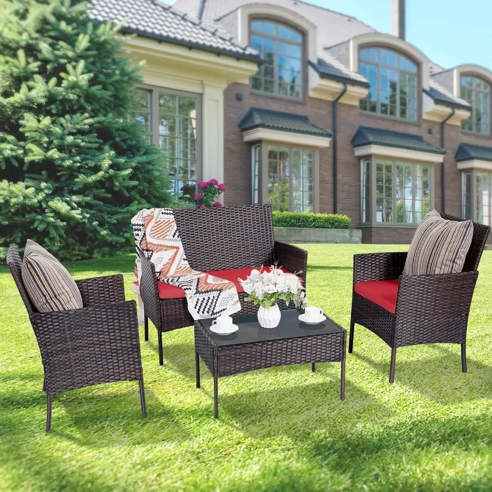 Outdoor Furniture Loveseat - Set 4 Pieces Conversation Sets Wicker