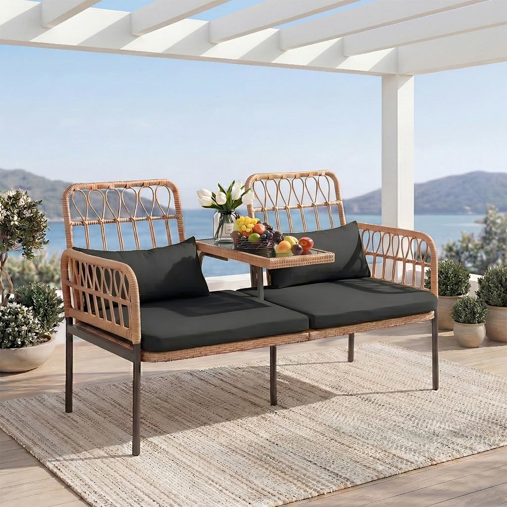 Rattan Loveseat with Glass Tab - Outdoor Furniture Loveseat 评论和价格
