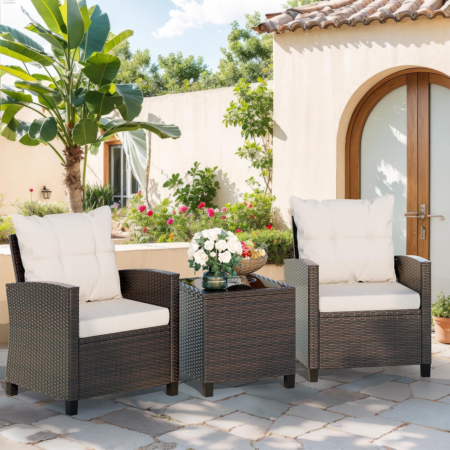 Beige compact 3-piece rattan w - Outdoor Furniture Cushion 评论和价格