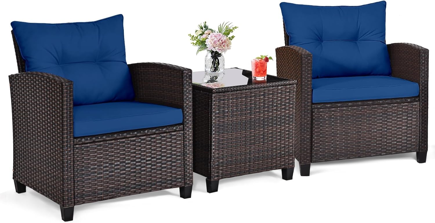 Navy blue rattan wicker 3-piec - Outdoor Furniture Cushion 评论和价格